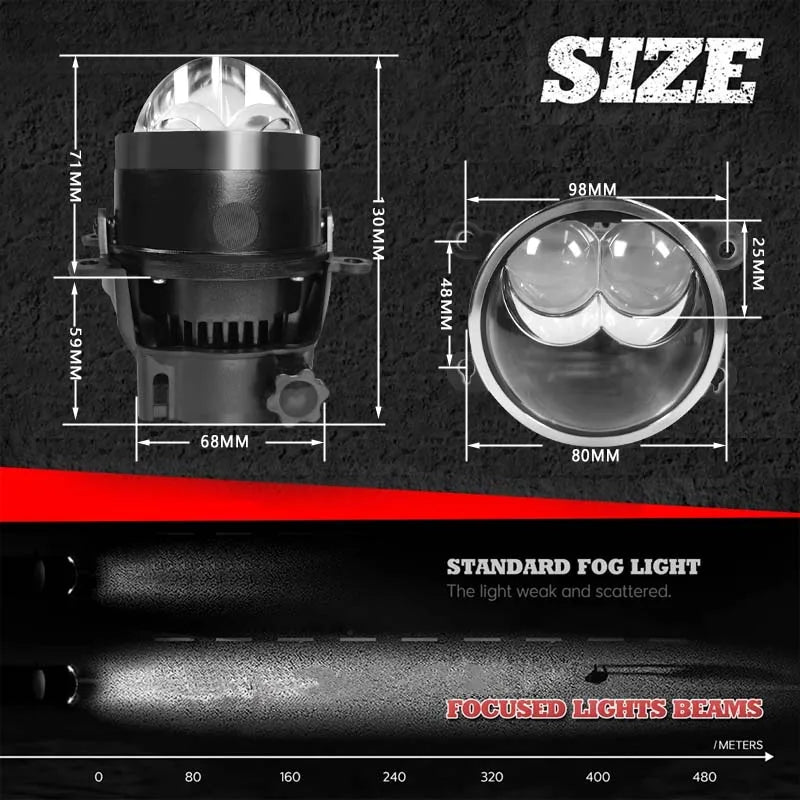 Two 3" LED fog lamp projectors with dual lenses, compatible with H11/HB3/H8/H9 bulbs.
