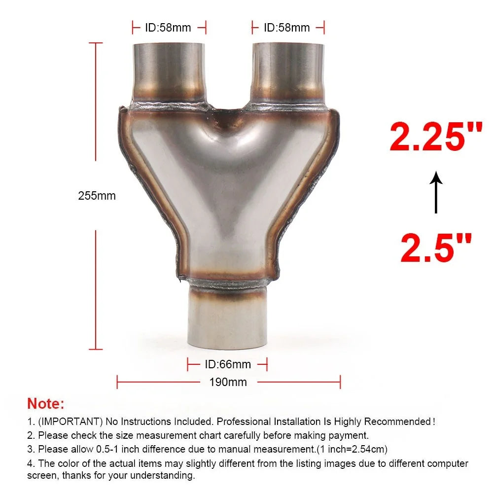 'TT102125 stainless steel adapter. Measures: 178x138x51mm. Fits universal Y-pipe systems.'