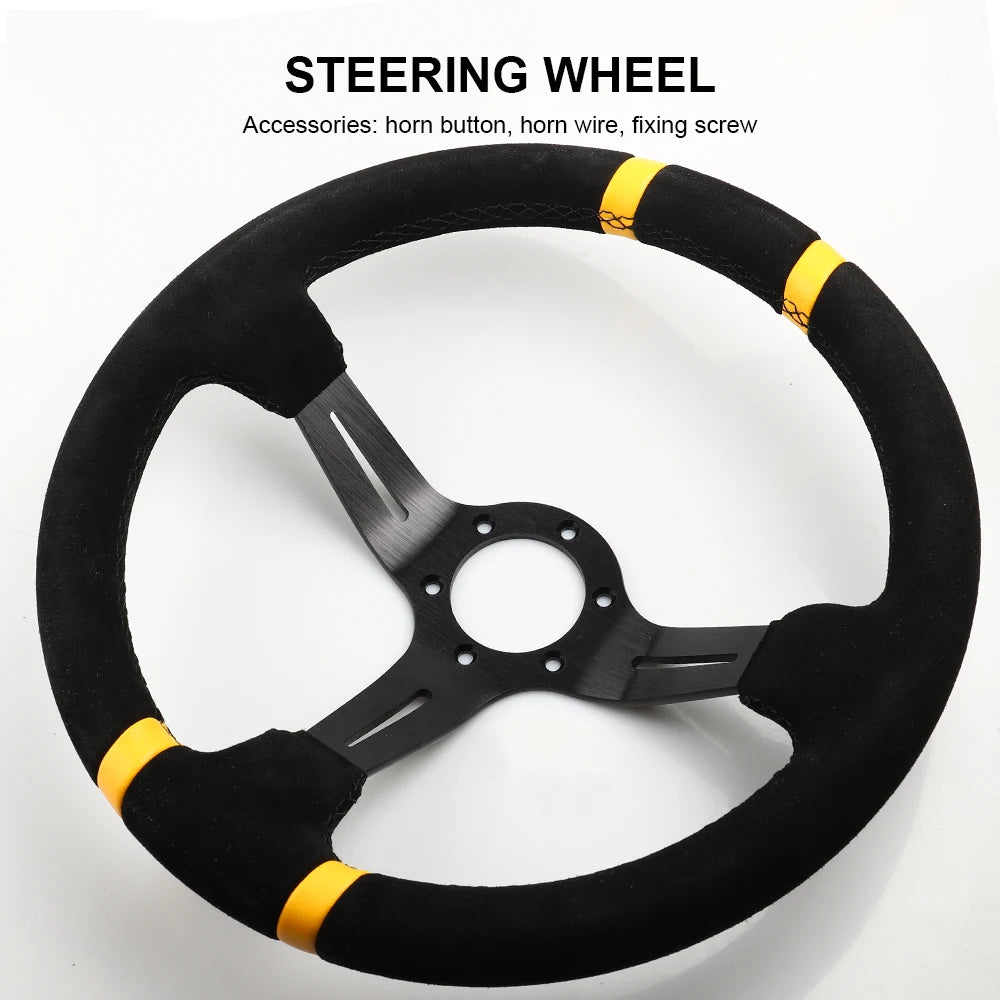 14-inch suede steering wheel for universal JDM drift racing simulator use. Compatible with cars and PC gaming rigs.
