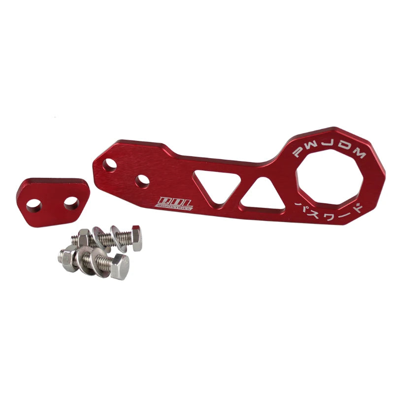"Aluminum RS-TH004 rear tow hook for Honda Civic RS, featuring a secure screw connection in red finish."