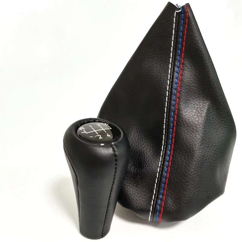 Black leather shift knob gaiter with accent stripes for BMW 3 Series, E30, E34, E36, E46, M3, Z3 vehicles.