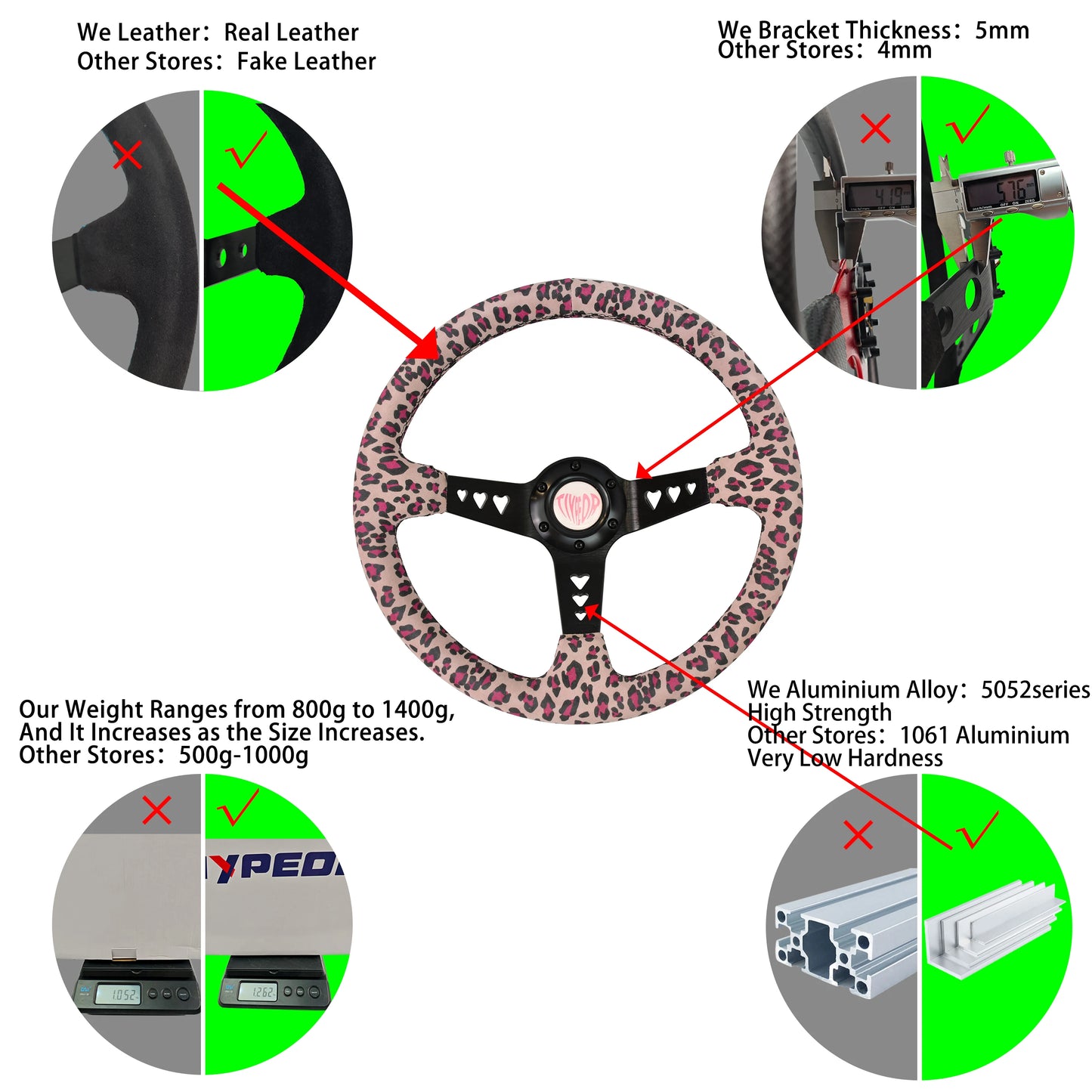 'Universal 350mm steering wheel in pink heart design with optional leopard-print accent. Fits most cars. Accessory product.'