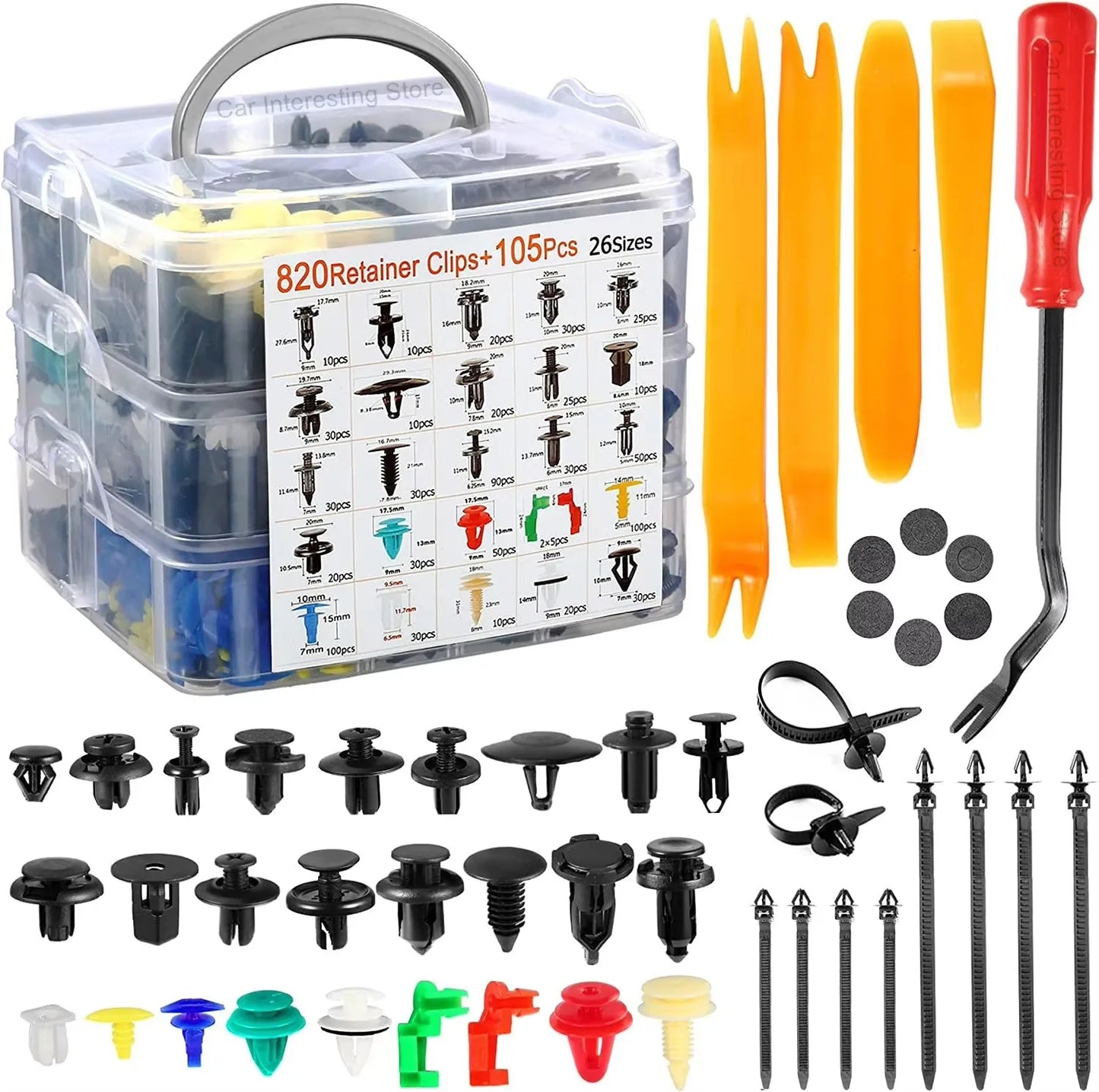 "800-piece Car Fastener Clip Kit: Includes various trim and panel repair tools."