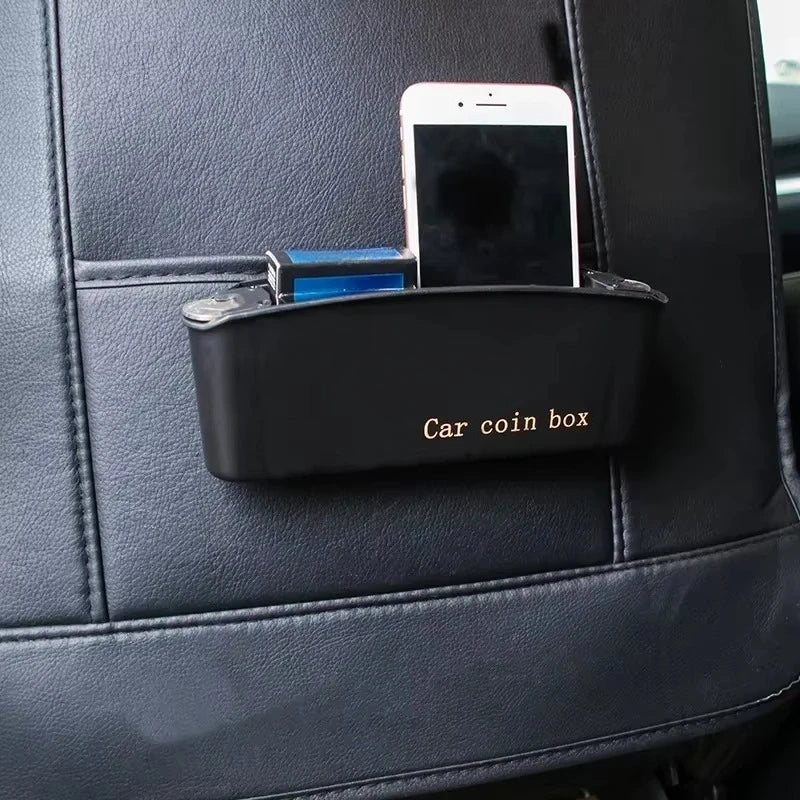'Car storage box with adjustable phone holder for door or trunk — fits all phones up to 6.7".'