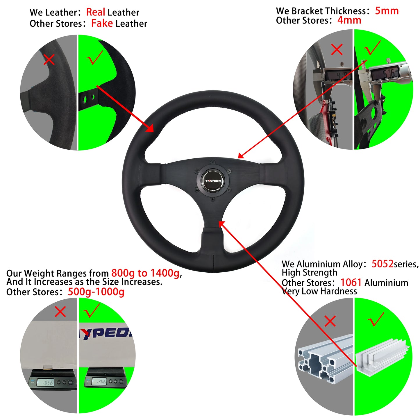 'High-quality leather automotive steering wheel. Superfine TIYPEOR craftsmanship.'