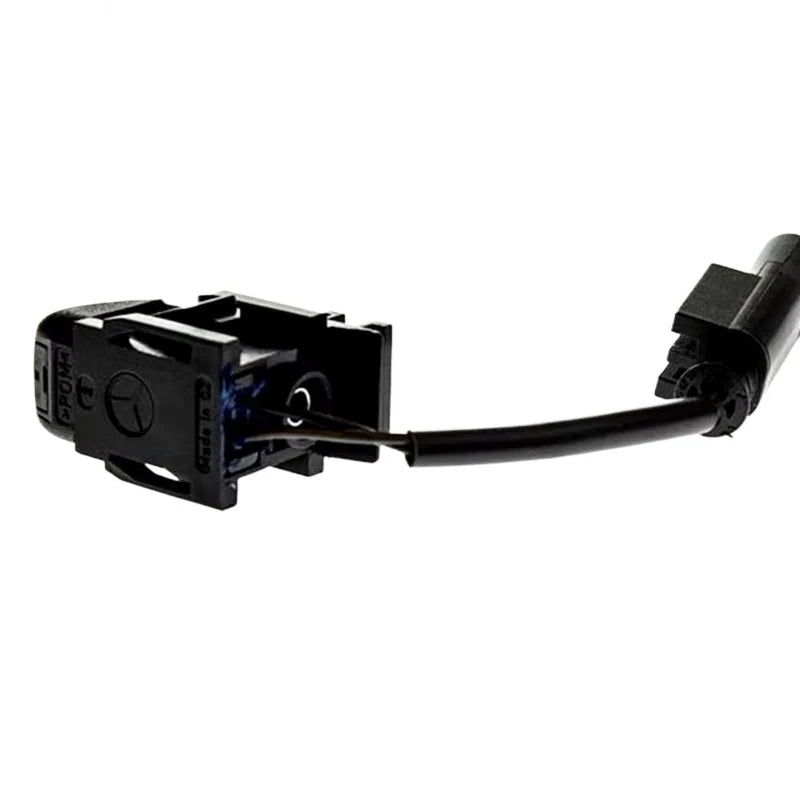 Black USB-powered BMW 3 Series/Z4 windshield nozzle with integrated blue LED. Enhances visibility in rain or fog. Fits E46, E