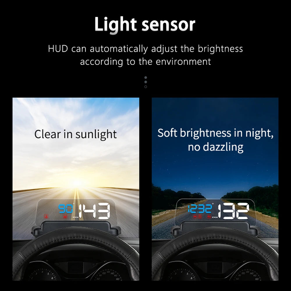 Car head-up display (HUD) with OBD connection, showing data overlay and light sensor in view. Product: C500 BLUE OBD Gauge Di