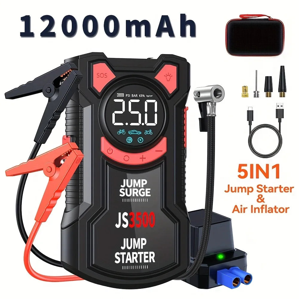 'Multifunctional air pump + jump starter. Inflates tires, powers tools, jumps start cars. 5-in-1 emergency kit.'