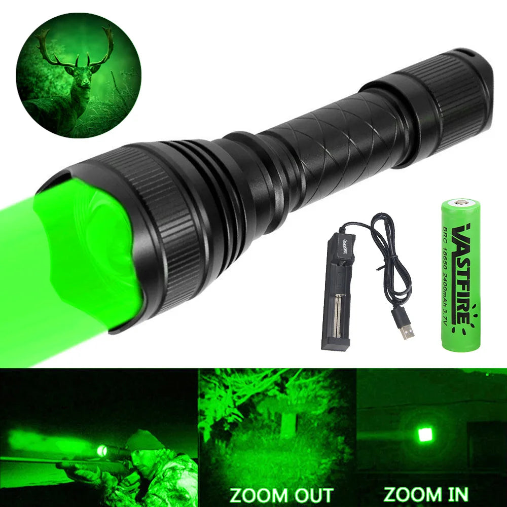 "USB-rechargeable T21 tactical hunting flashlight with green laser sight. Green laser activates upon pressing button on flash