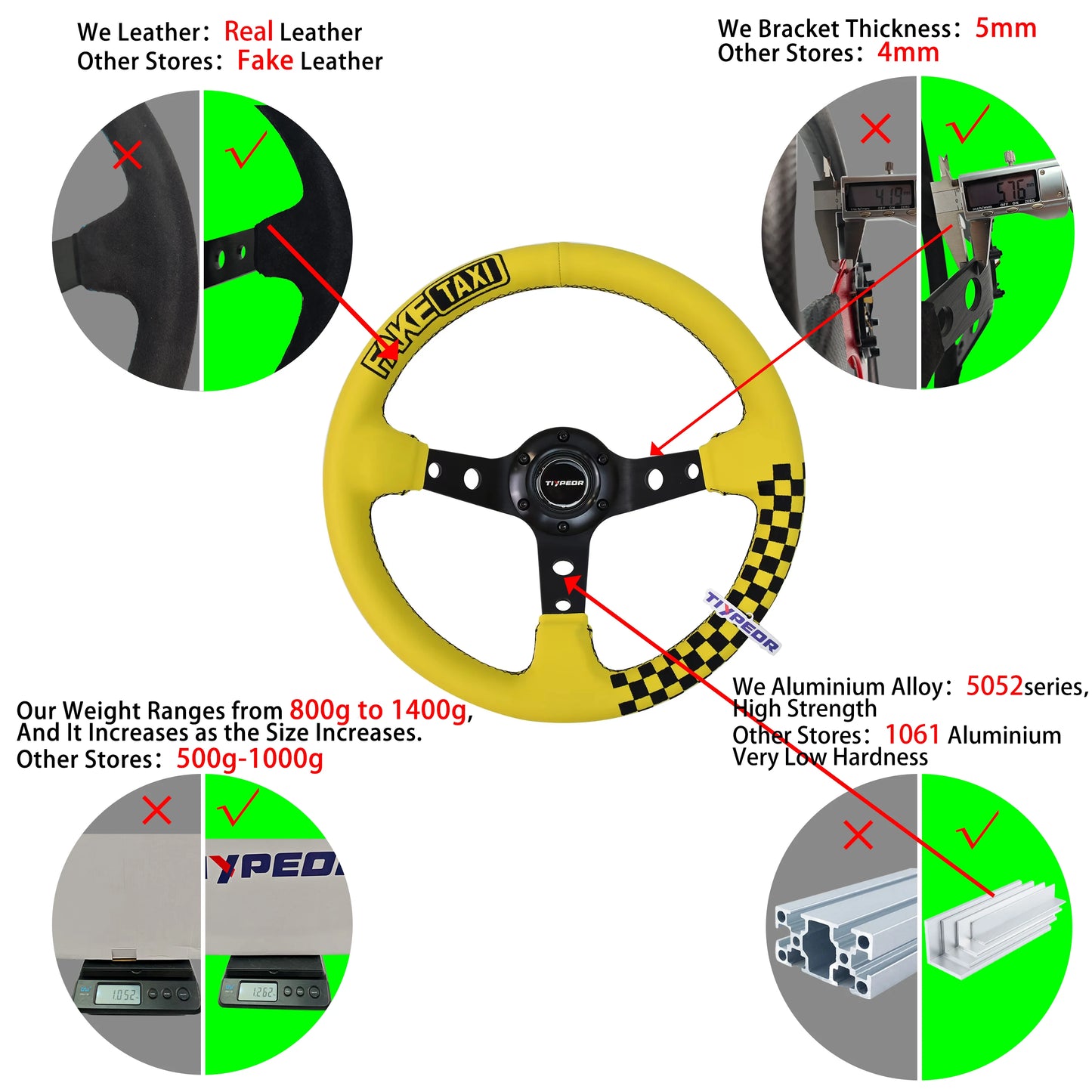 'Japanese-style 13" embroidered steering wheel in yellow/black leather. Fits front-drive models.'