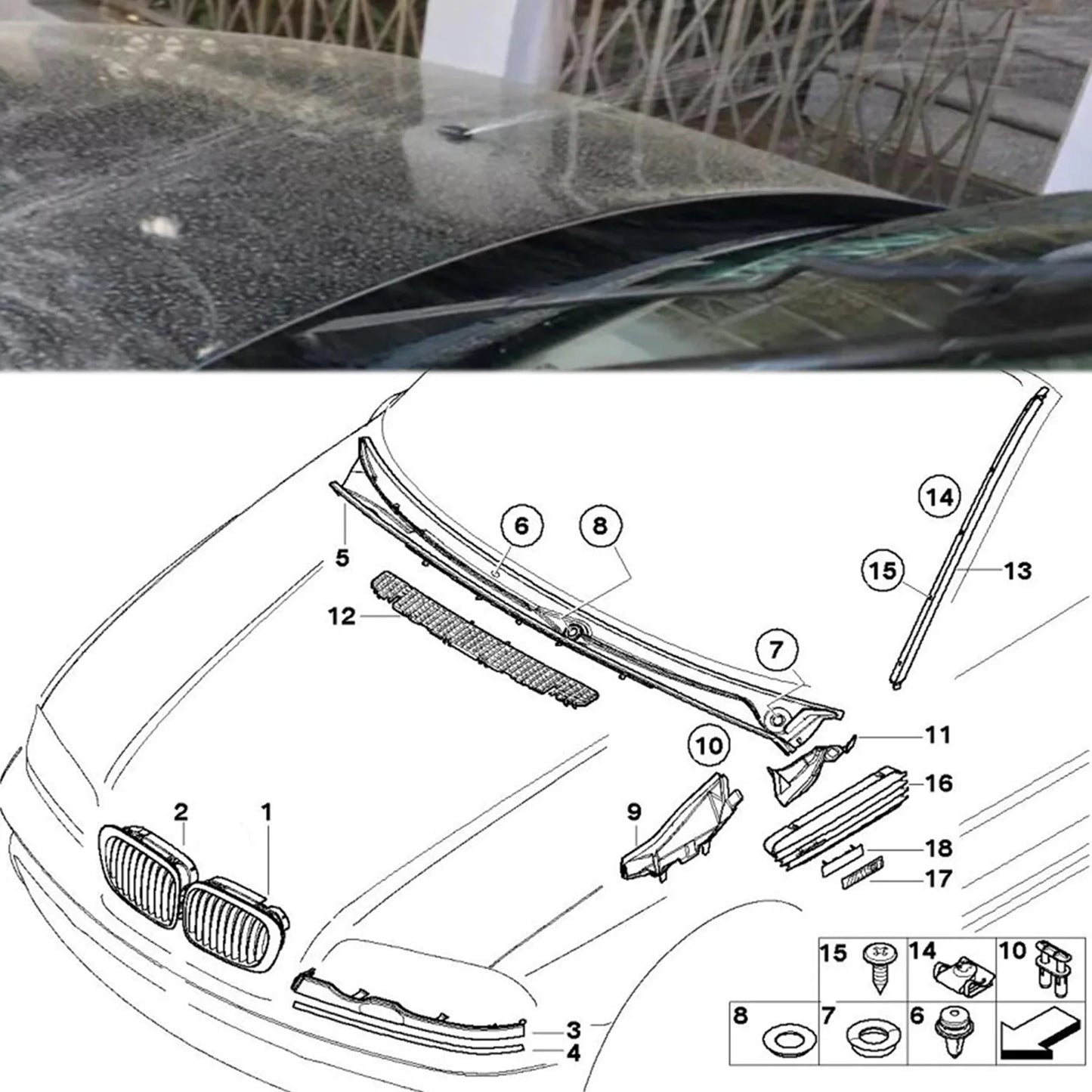"BMW E36 Windshield Washer Nozzle Kit: 2pc spray jets for attachment to front bumper."