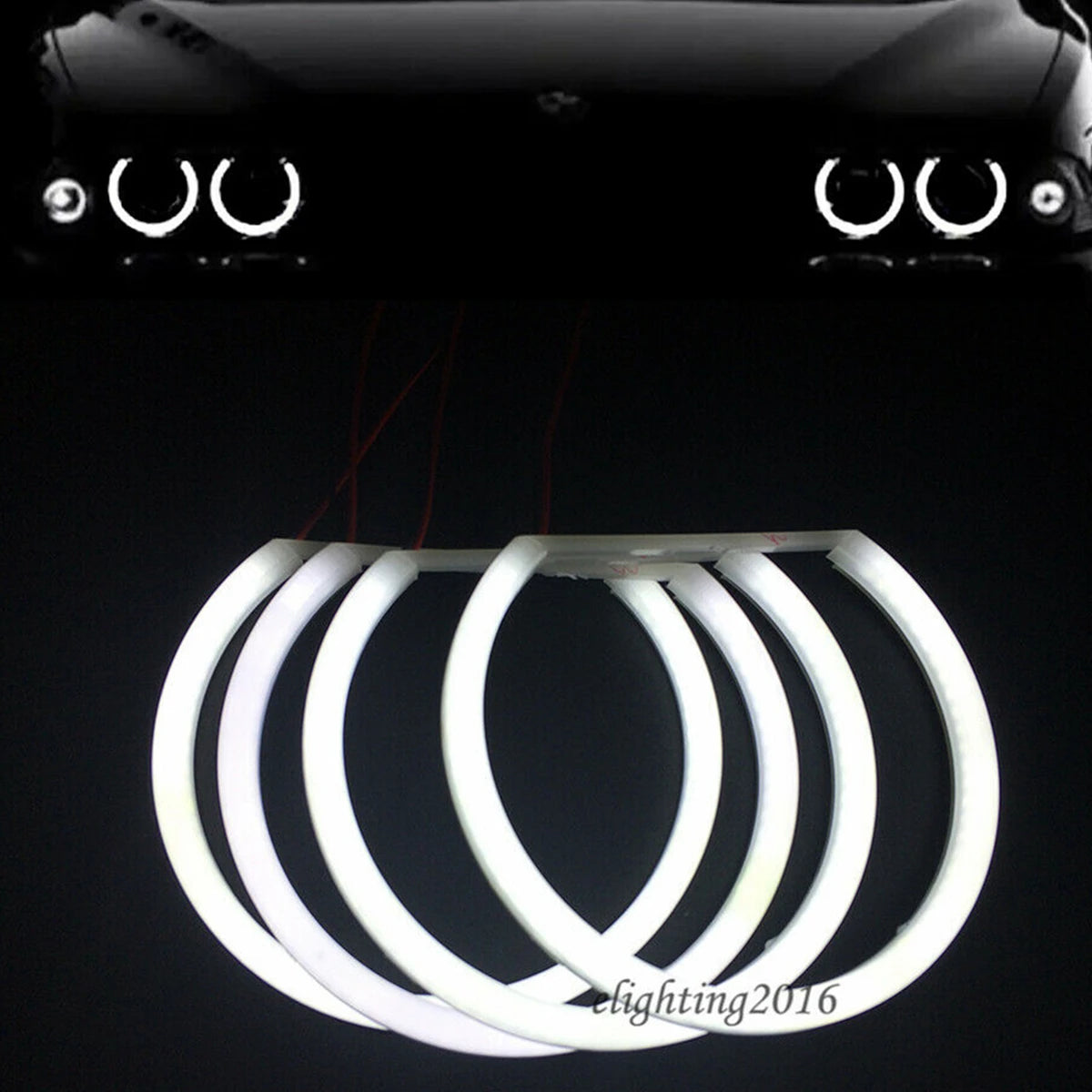 Four set of BMW E36/E39 131mm LED Halo Rings in white and amber for car customization.