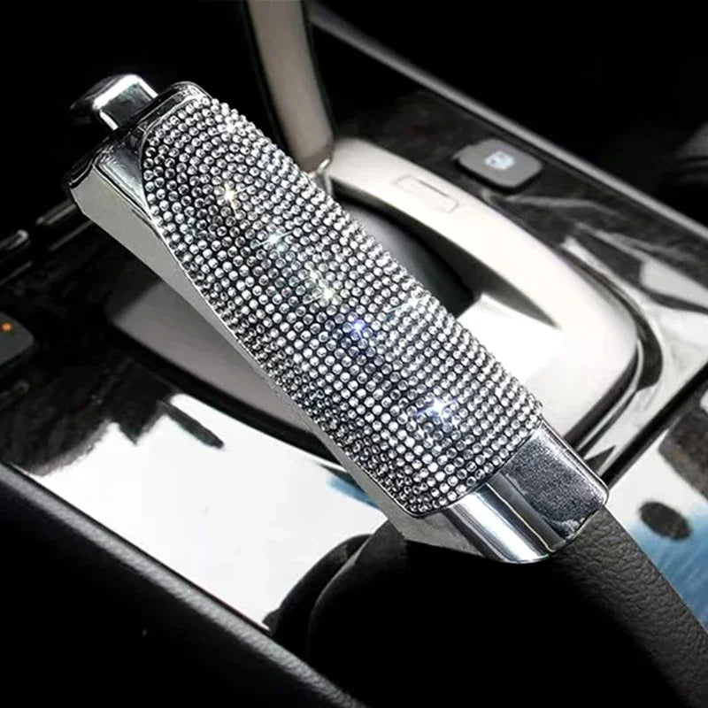 Universal fit Diamond Handbrake Cover featuring sleek silver-black leather with embellished diamond-encrusted handle.