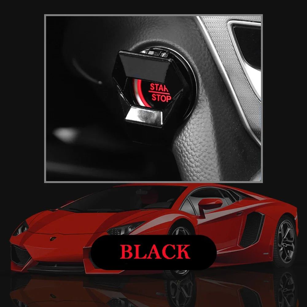 Red car modeled with 'Stop' displayed; showcasing product fitment on engine start/stop button cover.