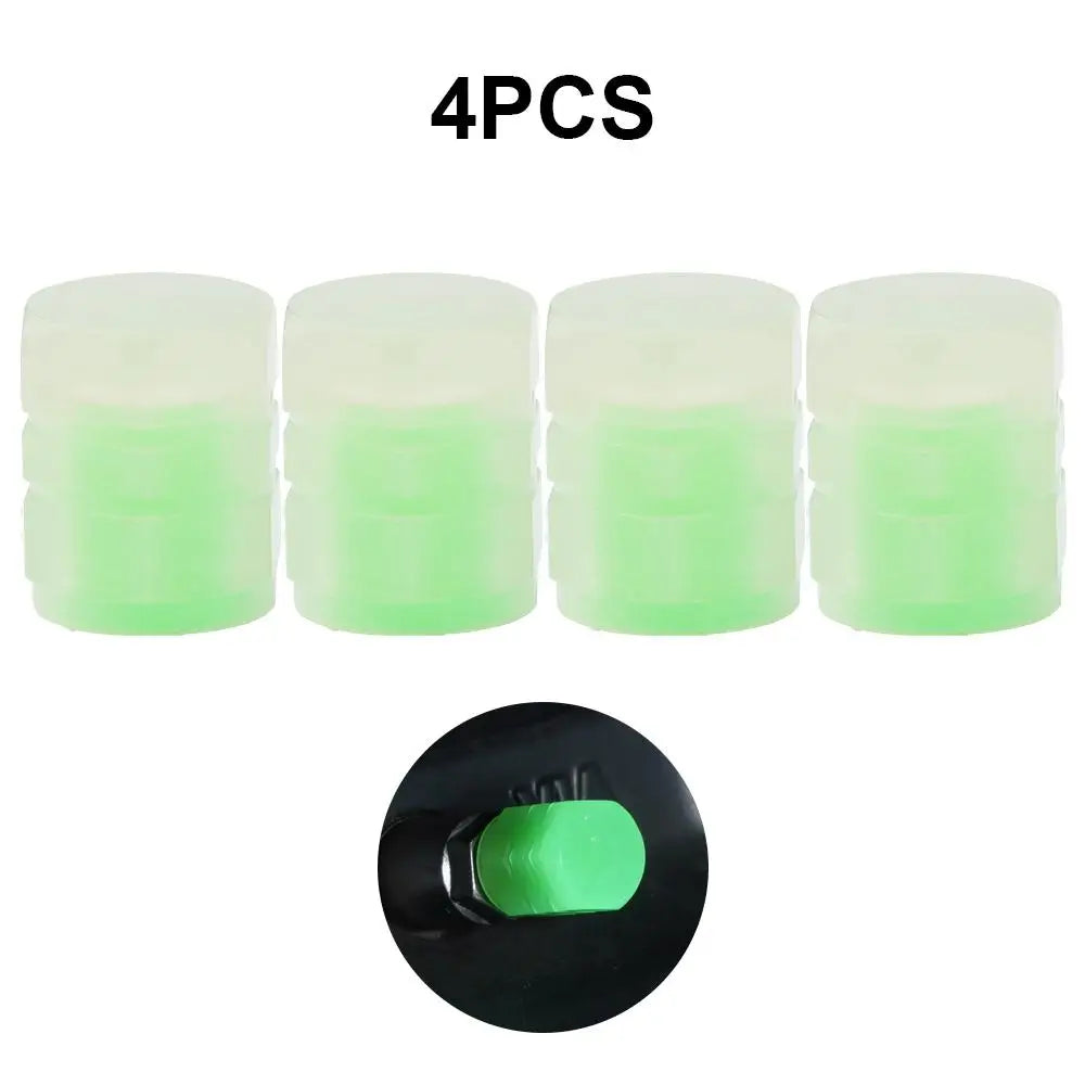Four pack of universal glow-in-dark green tire valve stem caps.
Or:
Four glow-in-dark green tire valve stem caps for univer