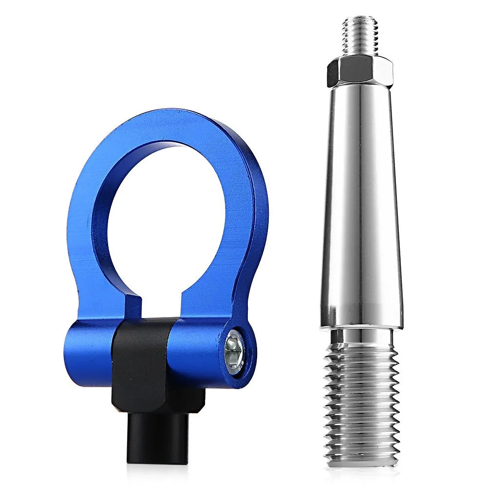 Blue-black R-EP style folding tow hook with screw attachment.