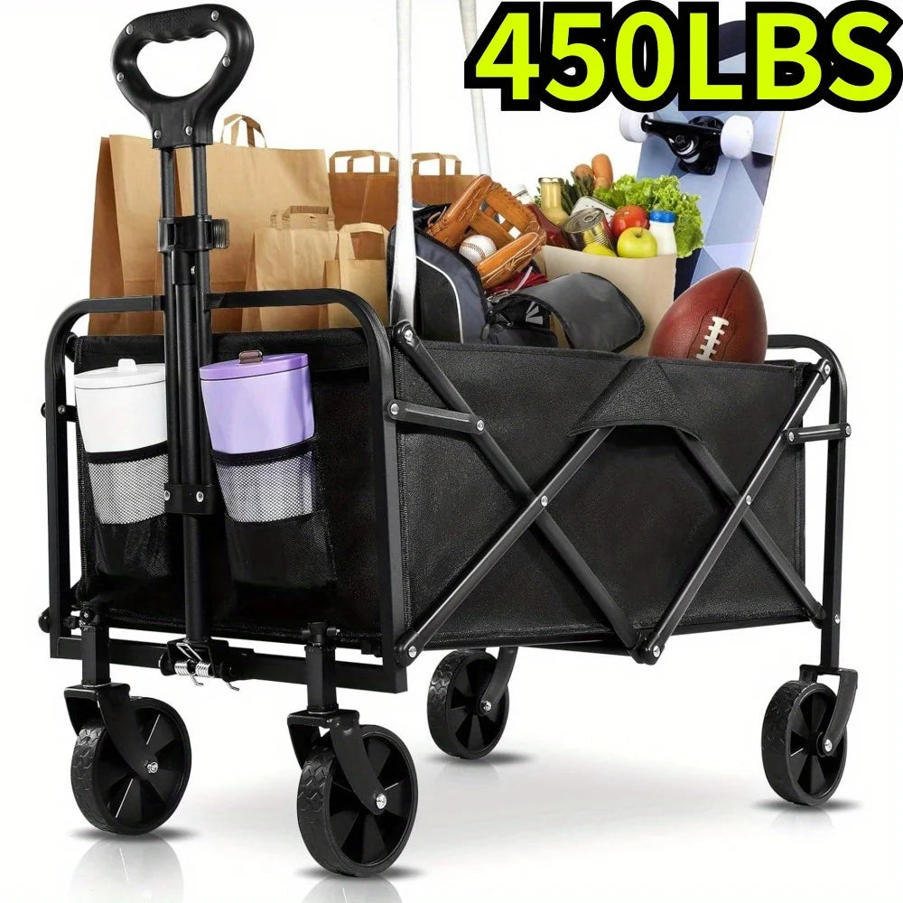 Black folding wagon cart with sturdy build, holds 4 large bags. All-terrain capable for outdoor events or home use. Product: