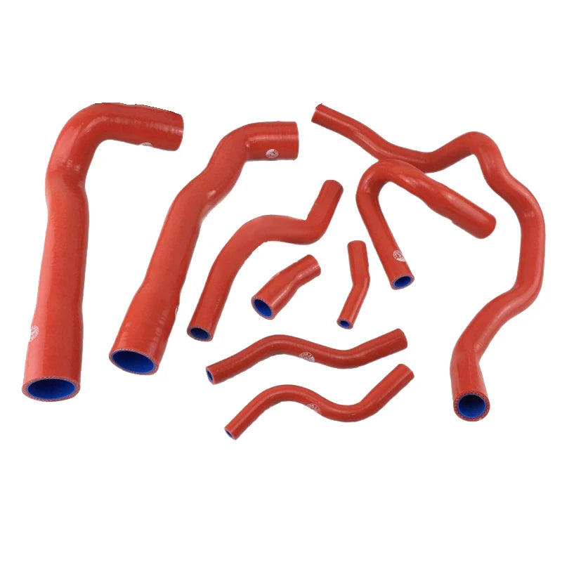 Nine pieces of red radiator hoses in silicone material for BMW E36 vehicles (1992-1999).