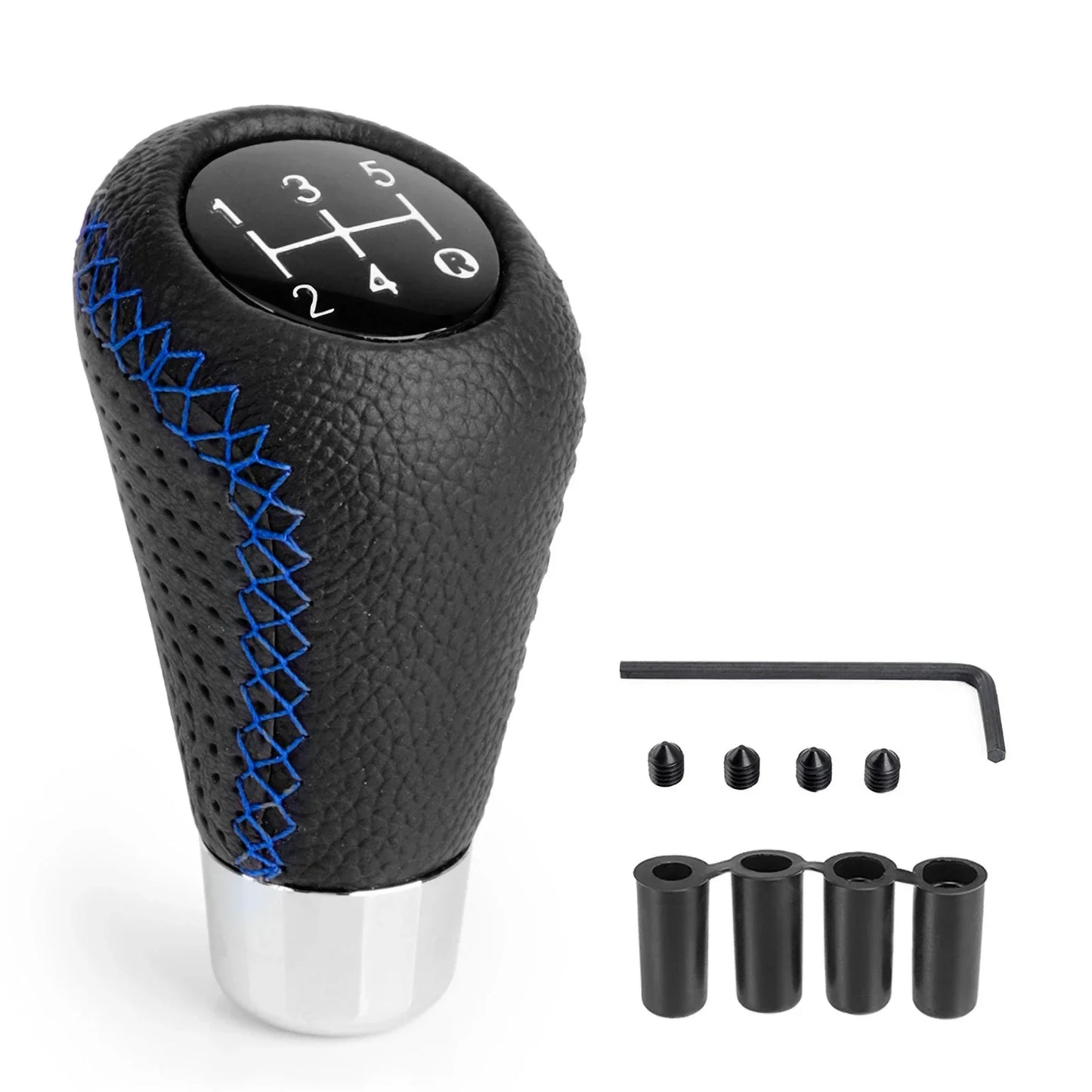 Black/Blue leather gear knob with white inlay. Fits standard manual transmissions. Measurements included in product details.