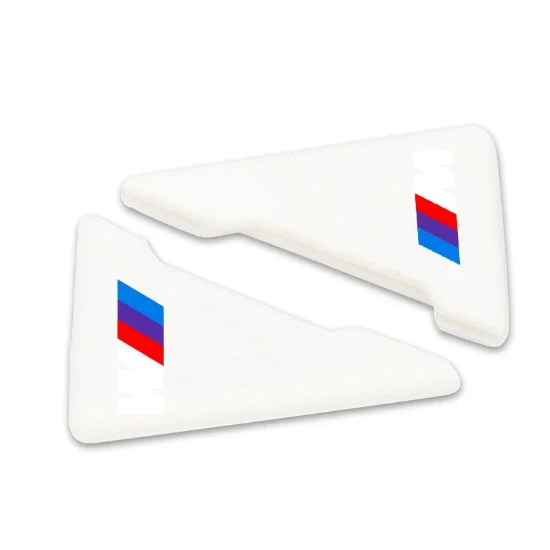 Two BMW M Door Guard set in white, featuring red and blue striped silicone corners.
