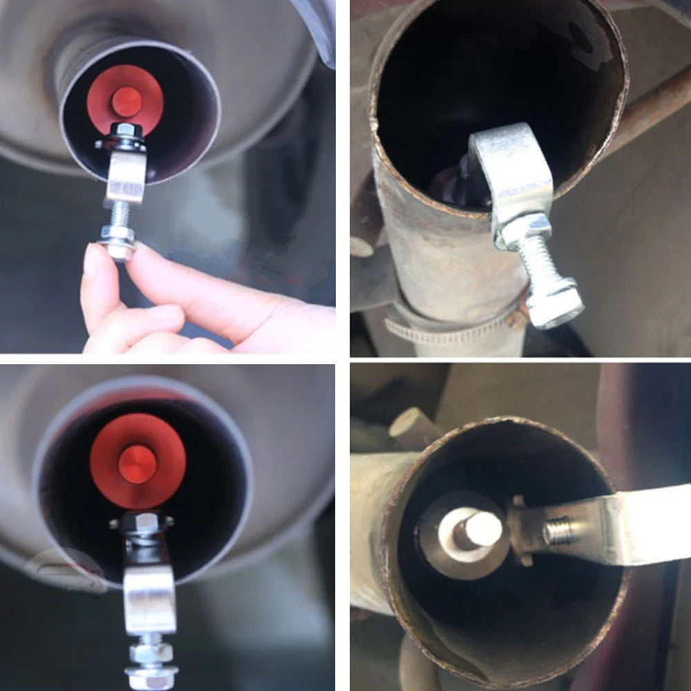 Person holding Universal Turbo Whistle Muffler Tip for exhaust simulation. (Four images)
