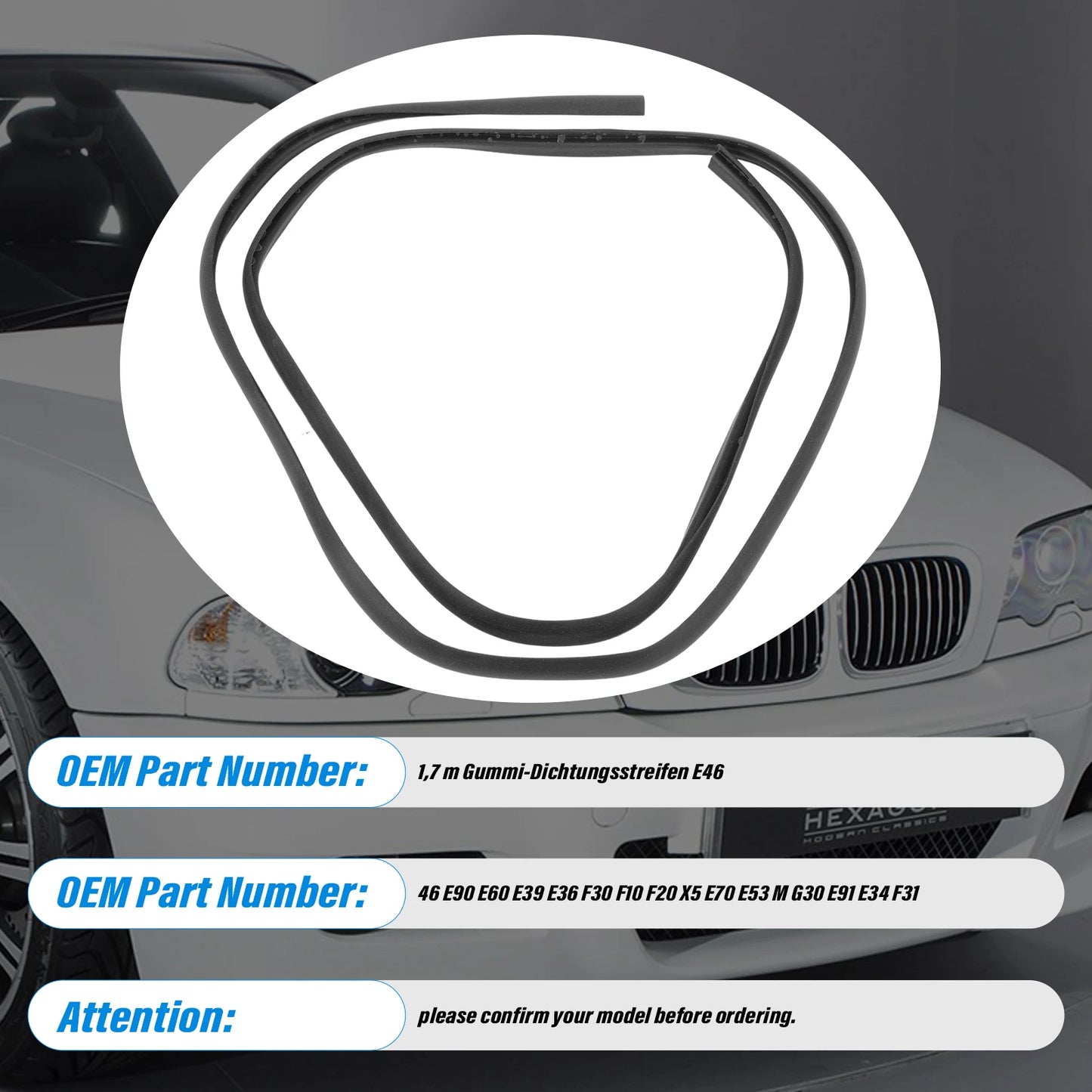 "1.7M Windshield Rubber Seal Strip for BMW E46, E36, E60, F30, and F10 models. Genuine OEM replacement."