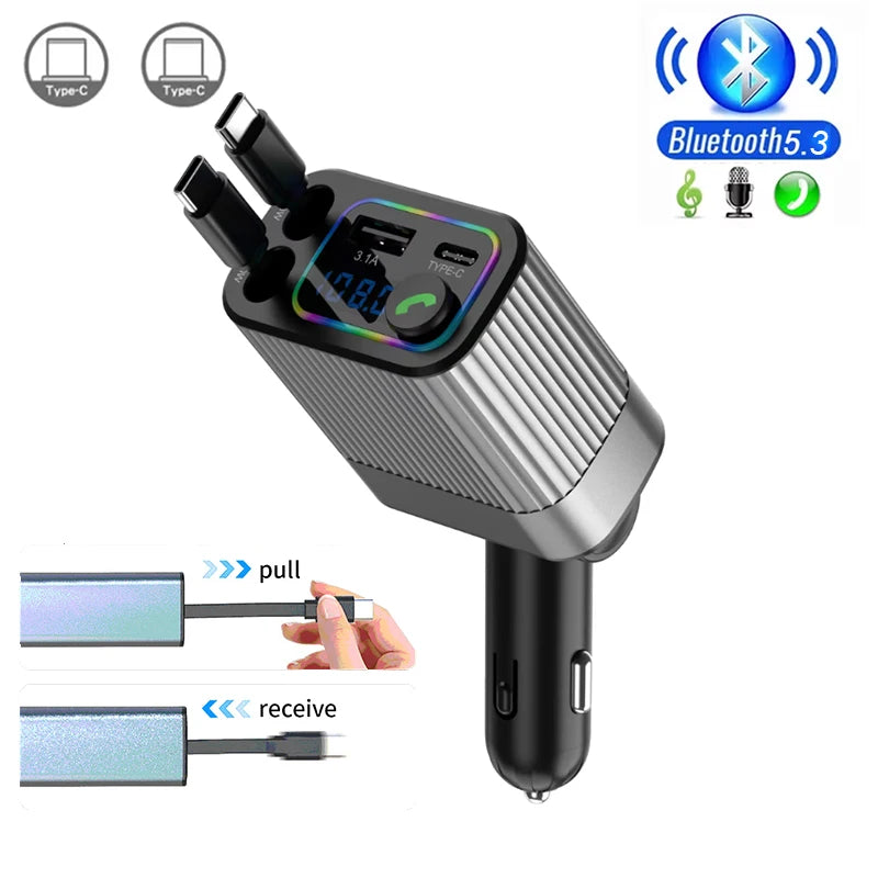 'Car Bluetooth 5.3 FM transmitter with dual Type-C ports and USB PD fast charging — fits all phones.'