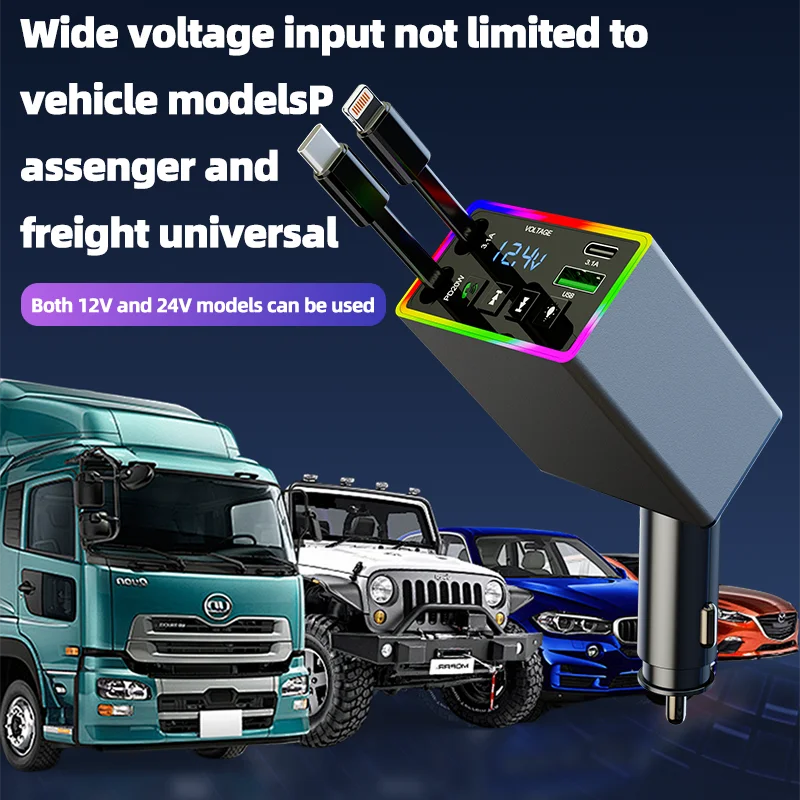 'Car FM transmitter with Bluetooth and fast charging. Shown with a retractable antenna on a dashboard.'