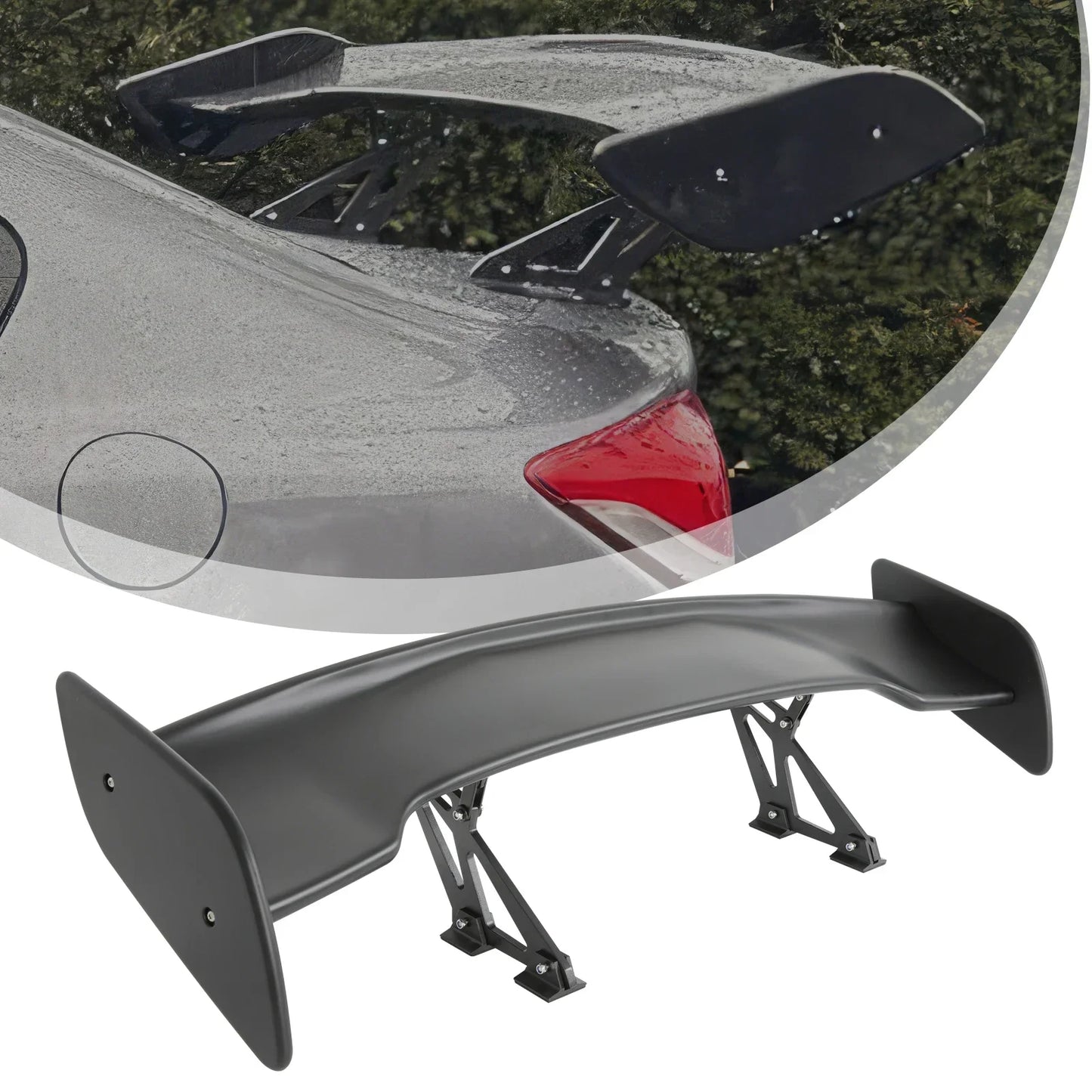 Matte black Universal GT-style rear spoiler (116cm), protecting sedan from precipitation.
