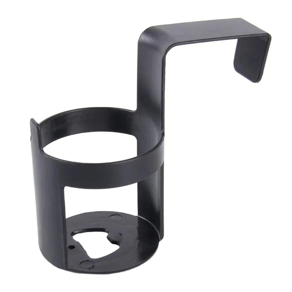 Black metal car cup holder with single hole for beverage bottles. Portable and mounts to window or console. On-the-go conveni