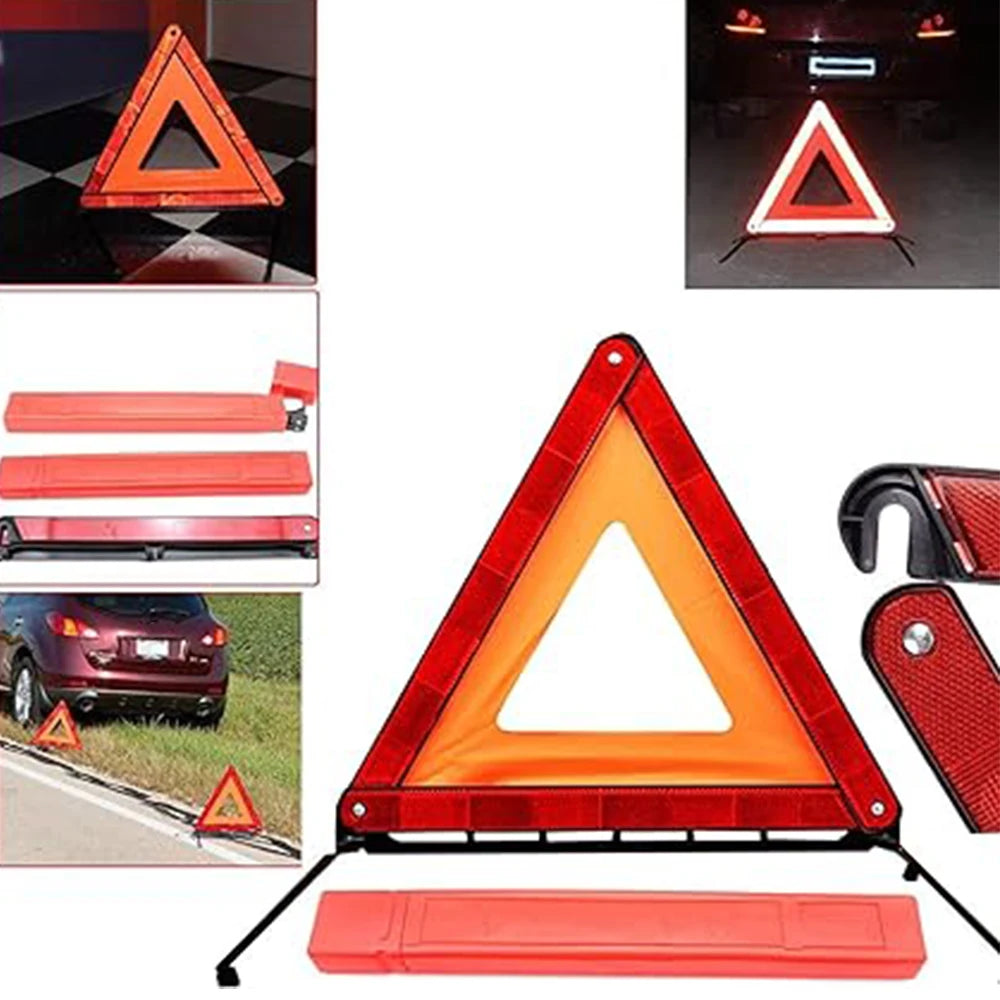 Red reflective emergency triangle next to parked vehicle. Safe roadside assistance tool - 40cm diameter. Perfect for flat tir
