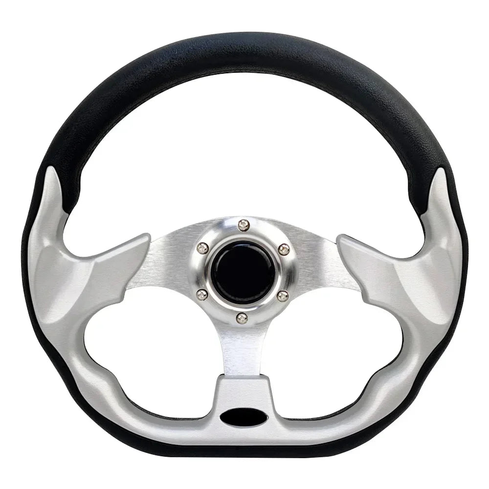 Black leather-accented spokes on 13" aluminum racing steering wheel. Universal fit for car upgrades. Product: Universal PU Al