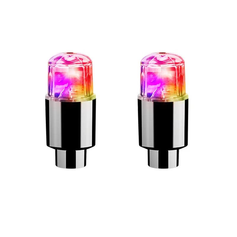 'Bike wheel lights: 2 neon valve cap LEDs — upgrade your ride's style and visibility. Pack of 2 included.