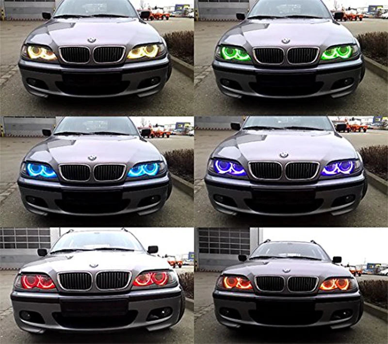 "Four high-quality RGB LED Angel Eyes for BMW E36, E38, E39, and E46 models. Customizable color options."