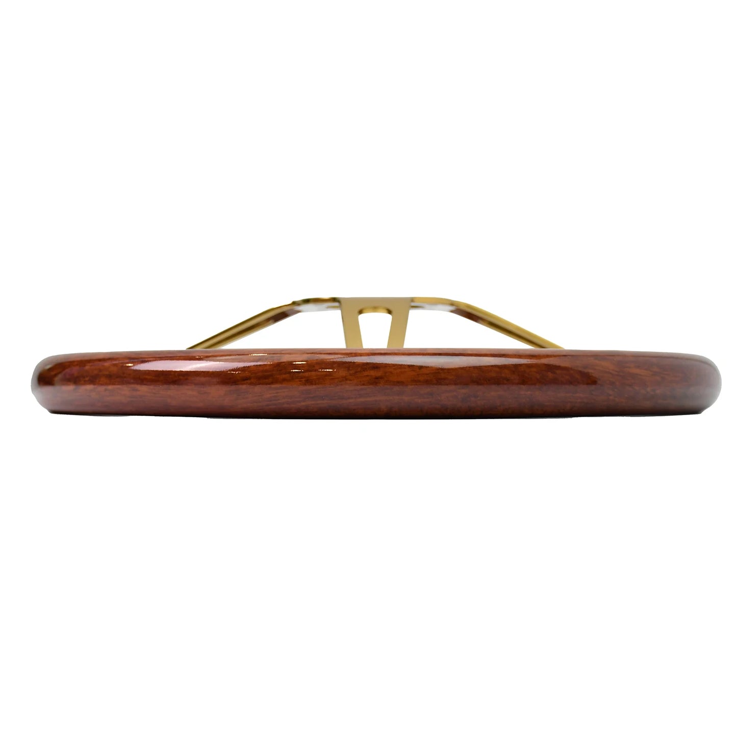 'Wooden box with brass handle; holds custom steel bracket for retro car steering.'