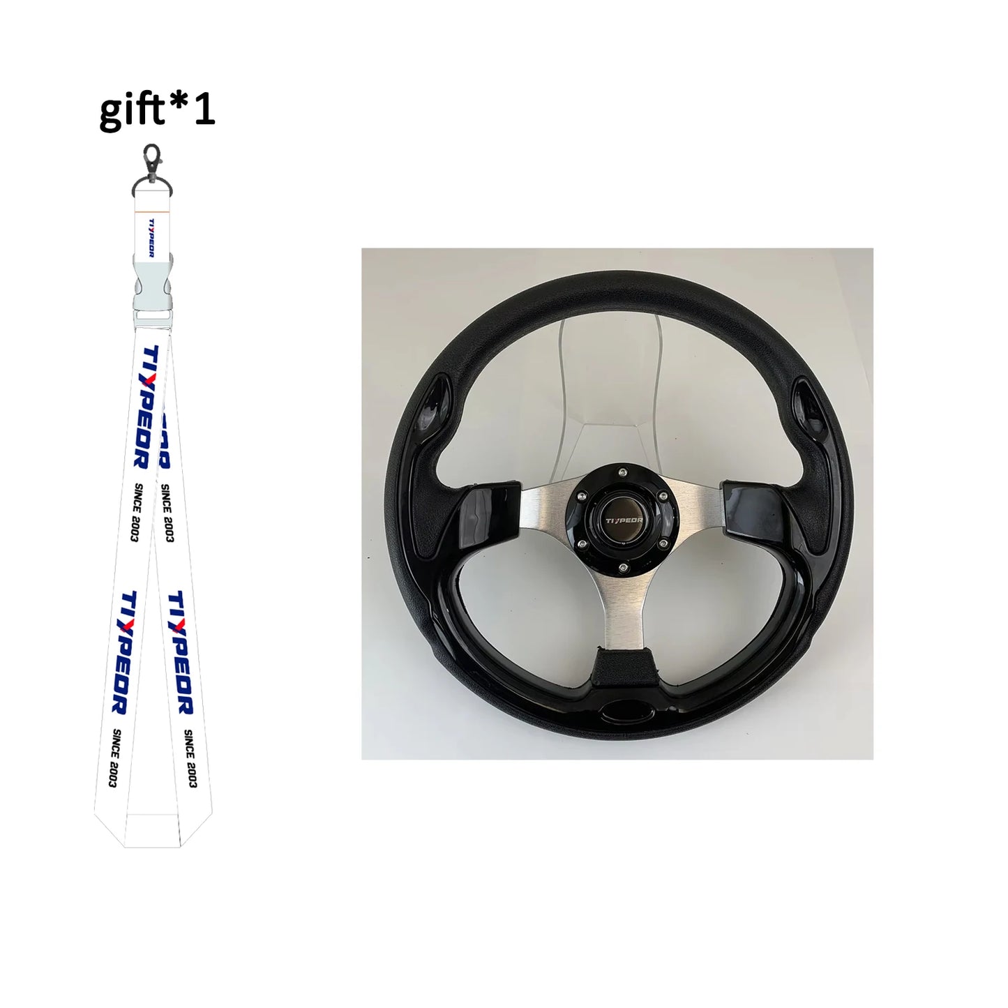 White and black handle racing-style steering wheel (13 inches, universal fit).