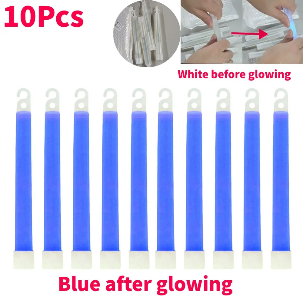 "10 Blue Military-Grade Glow Sticks for camping, hiking, and emergency situations."