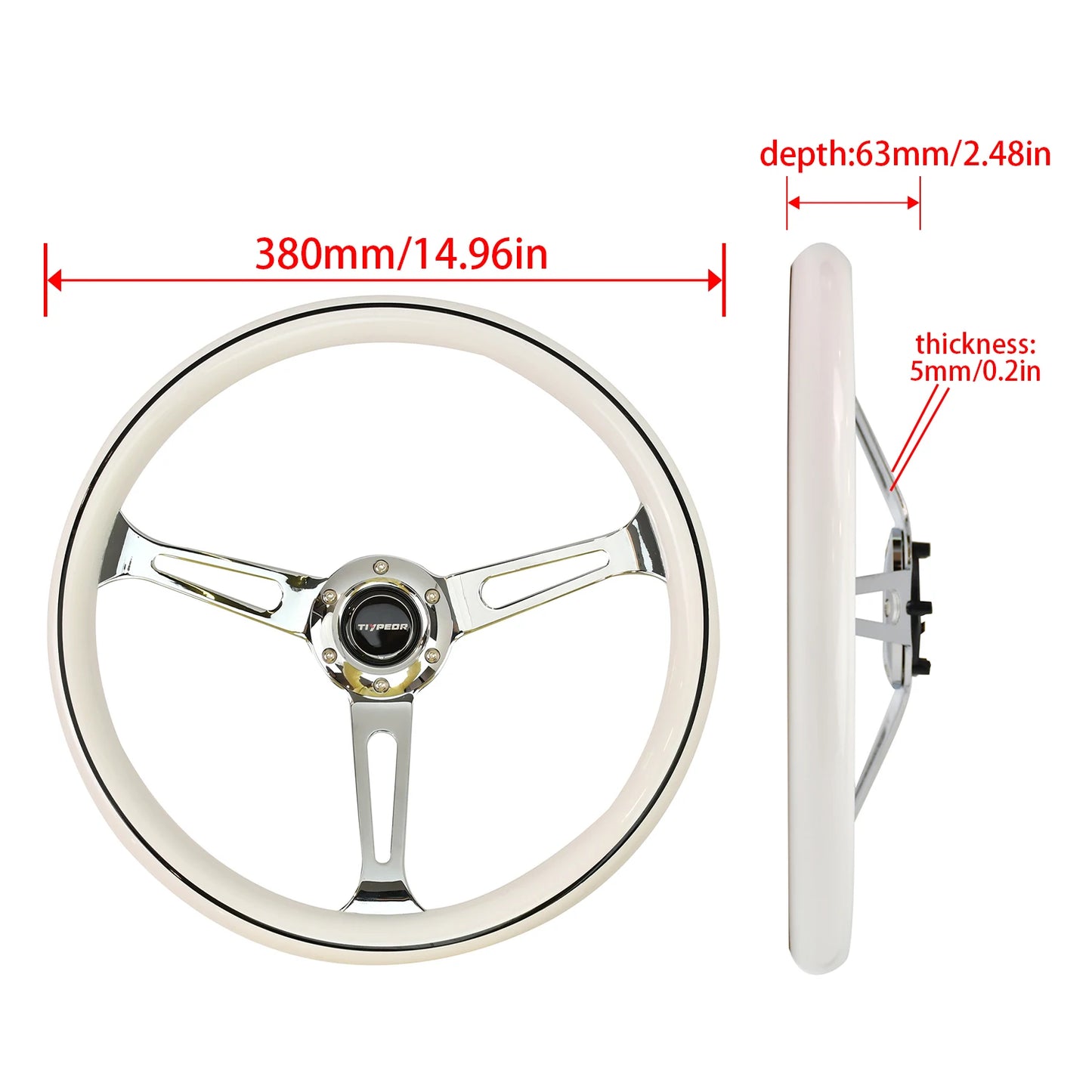 'Universal JDM quick release wheel in gloss white with chrome accents. Fits Tiypeor 380mm kit.'
