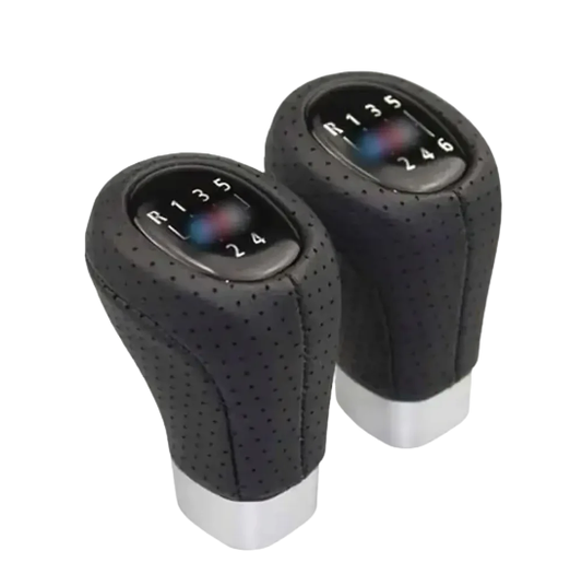 "Black BMW E36, E34 M Sport leather gear shift knob (for 5/6-speed manual transmission)."