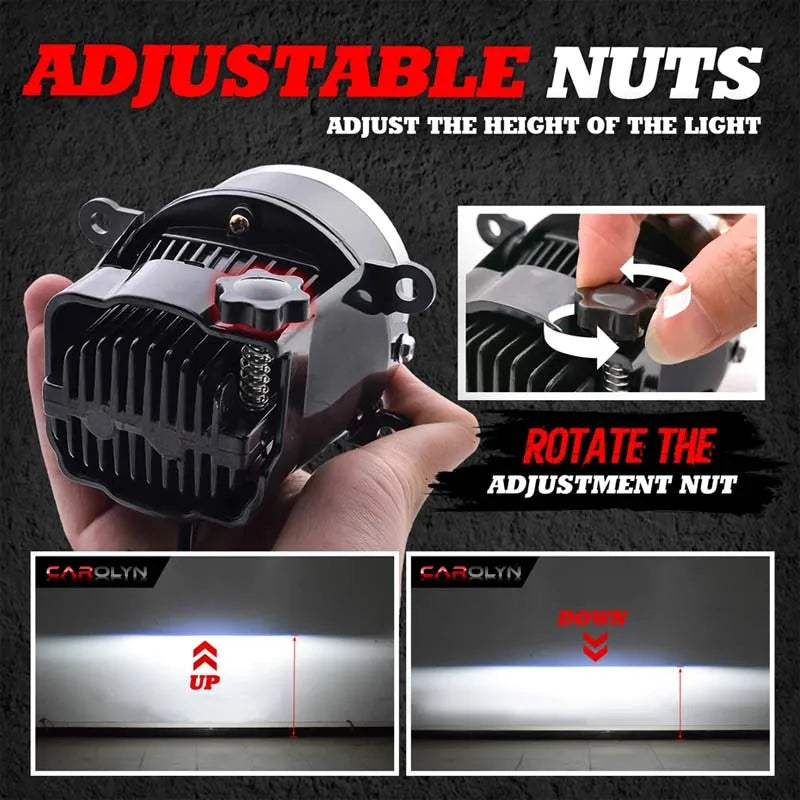 Person holding 3-inch LED fog lamp projector on table. Compatible with H11/HB3/H8/H9 bulbs.