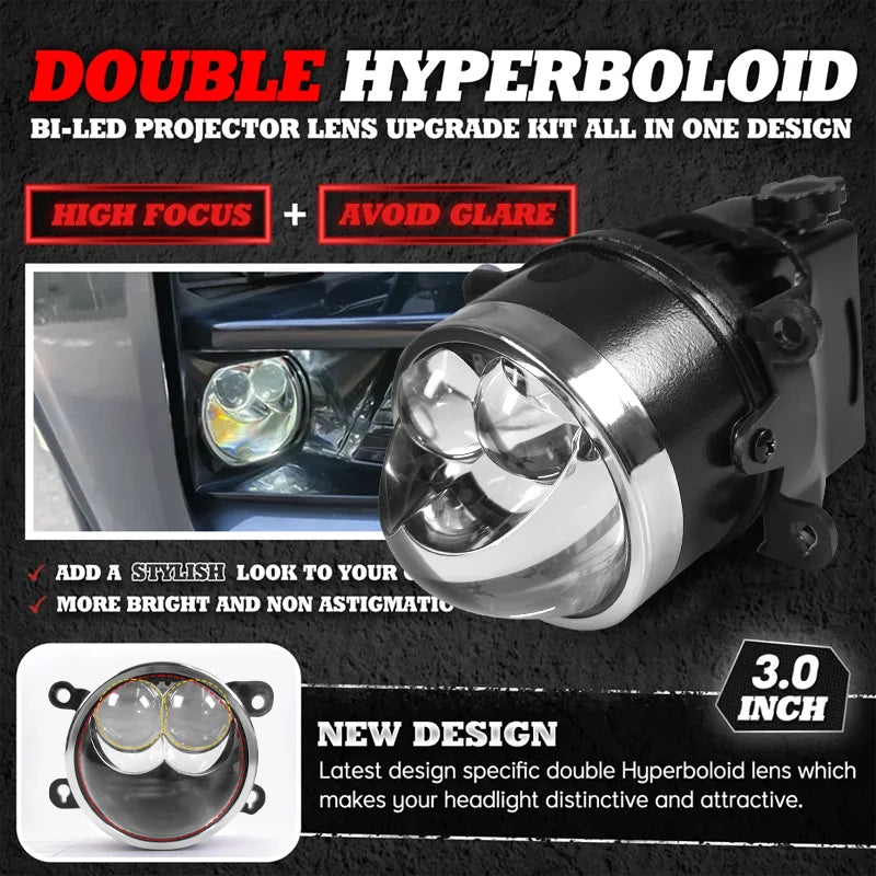 "3-inch LED Fog Lamp Projector with Dual Lens for H11, HB3, H8, and H9 bulbs. Not for Jeep specific use."