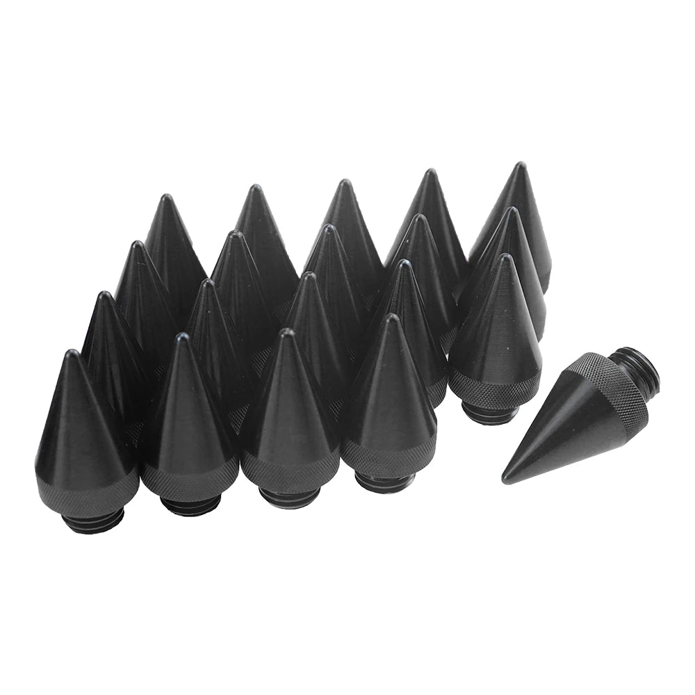 "Black plastic cone lug nuts (6 per set) for Universal Aluminum 12x1.5 extended tuner wheels."