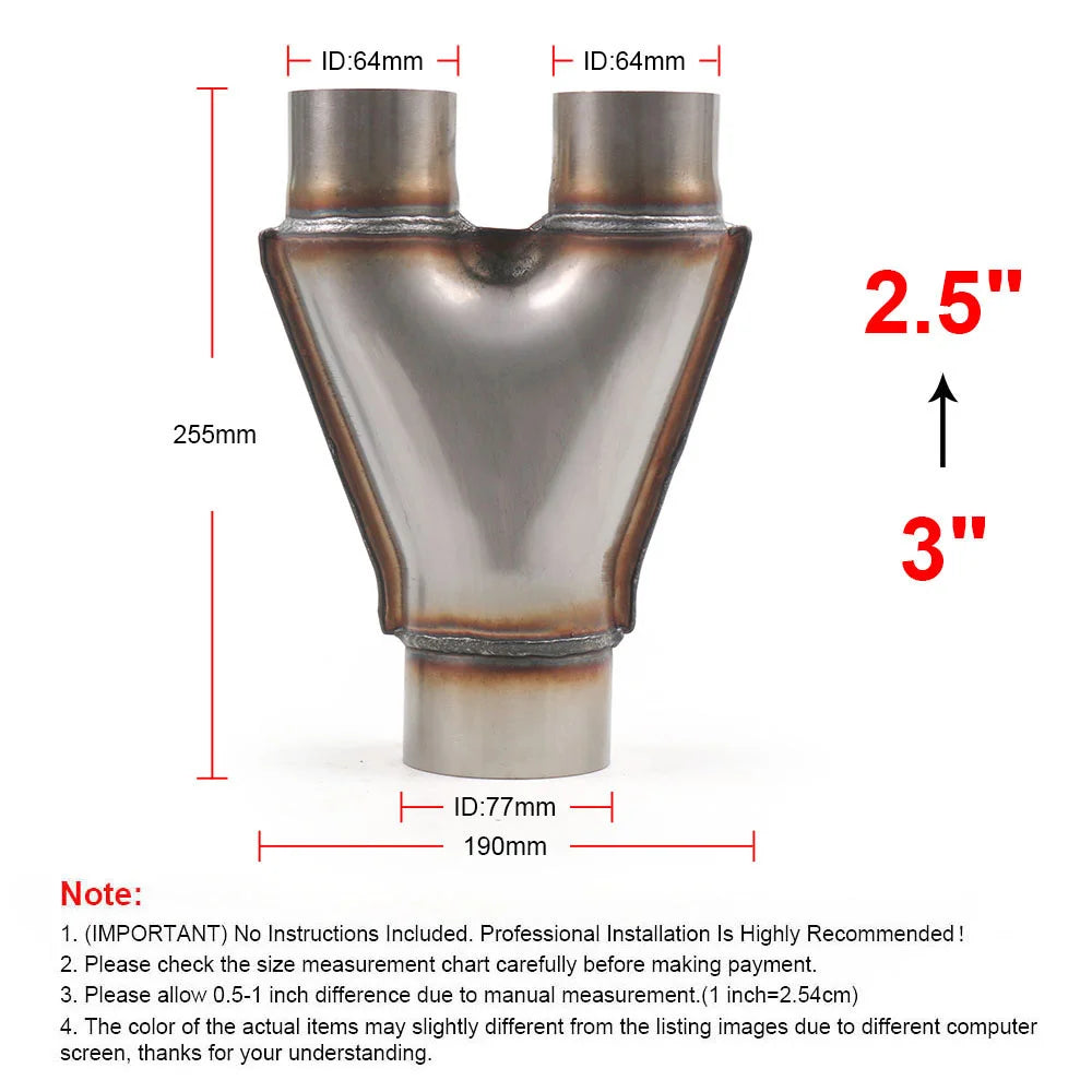 'Stainless steel Y-pipe adapter for exhaust system, measuring 2.5" OD x 300mm long. Fits universal applications.'
