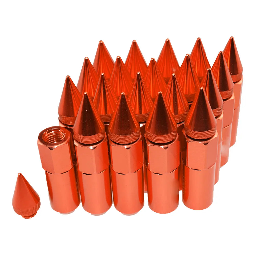 "Set of 20 orange aluminum lug nuts (LGLM001), extended length for 12x1.5 wheels, color: orange."