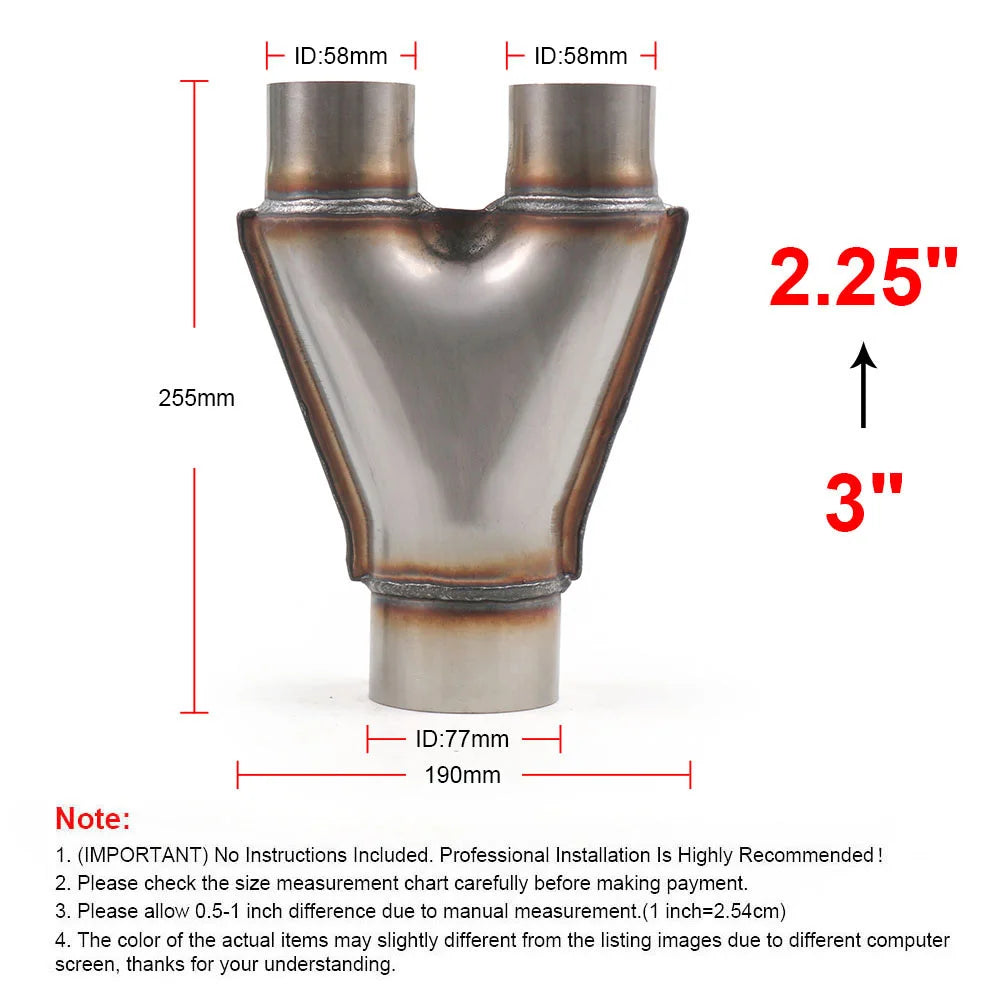 Y-pipe adapter dimensions: Ø89mm x 200mm. Fits 2.5"-3" exhaust systems. Stainless steel construction. Product code: TT102125.