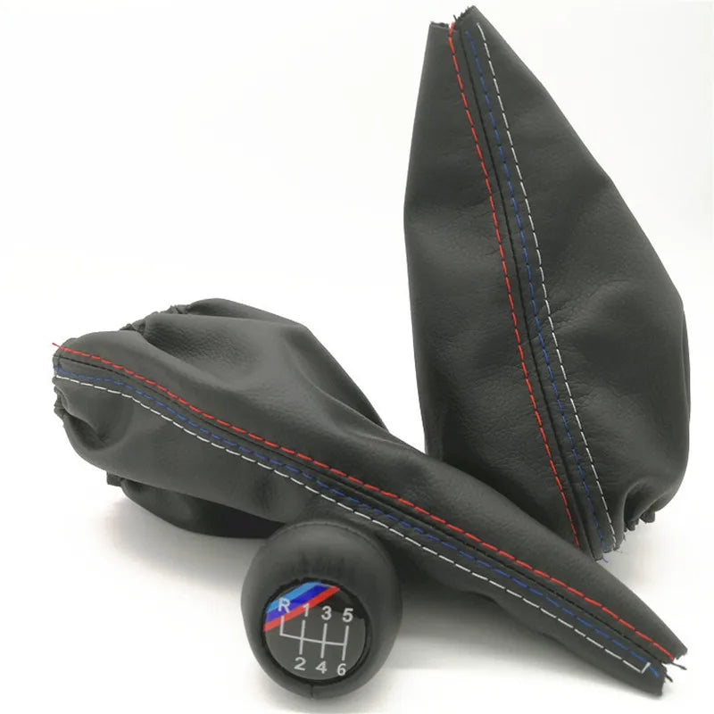 Black leather shift knob and handbrake gaiter for BMW 3 Series, E30, E34, E36, E46, M3, Z3. No red stitching depicted.