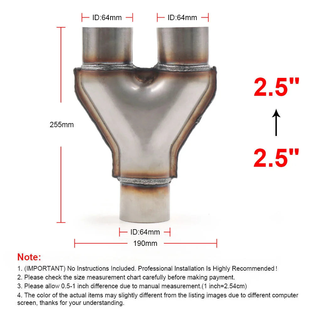 Y-pipe adapter dimensions: Ø89xØ63mm, compatible with most 2.5"/63.5mm systems. Stainless steel construction for durability. 