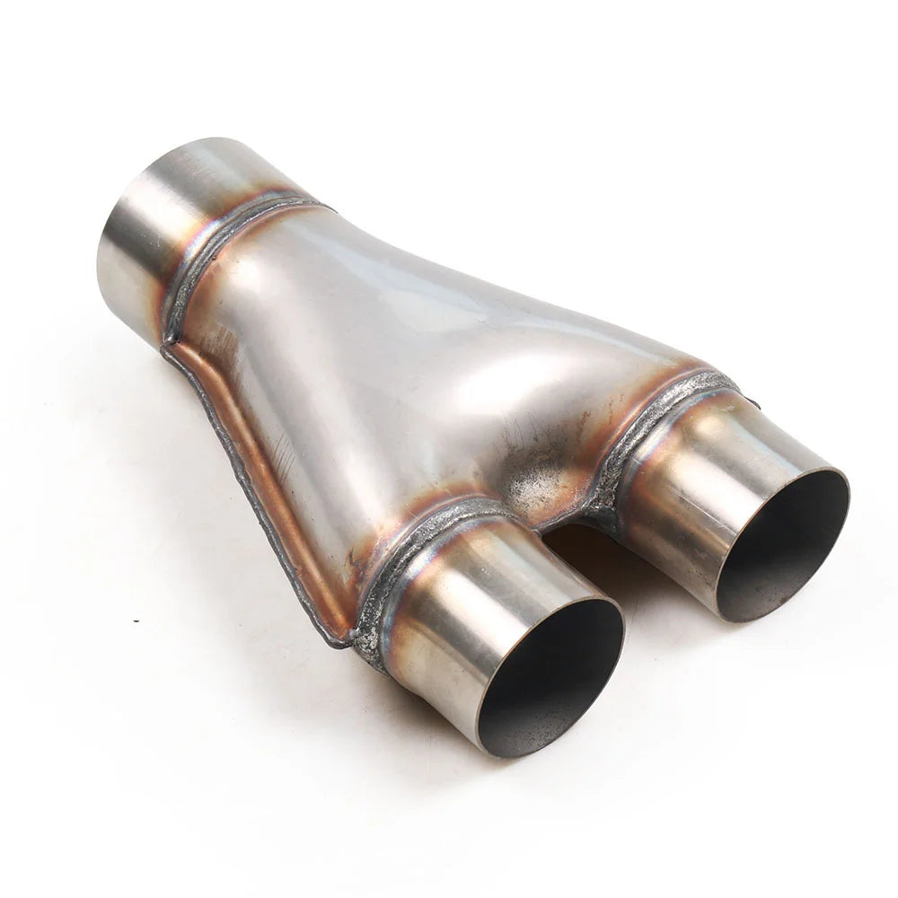 Close-up of polished TT102125 universal Y-pipe, 304 stainless steel. Product measurement/fit info if relevant, or 'for perfor