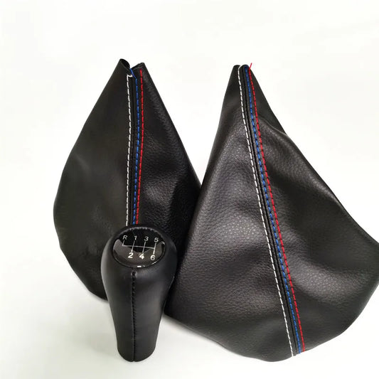 Black leather shift knob and handbrake gaiter for BMW 3 Series, E30, E34, E36, E46, and M3 models.