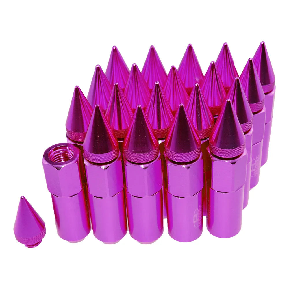"Set of 20 extended aluminum lug nuts in purple, 12mm hex with a 60mm length (LGLM001)."